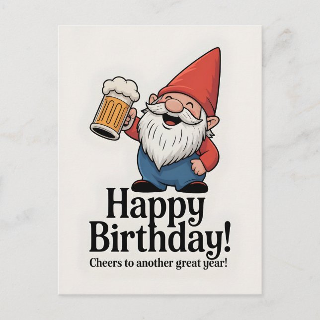Postal Gnomno de "Feliz Cumpleaños" levantando una Cervez (Anverso)