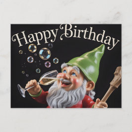 Postal Gnomo de "Feliz Cumpleaños" con champán y burbujas