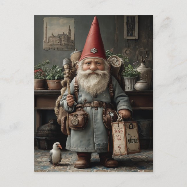 Postal Gnomo de Navidad Viajero Antiguo (Anverso)