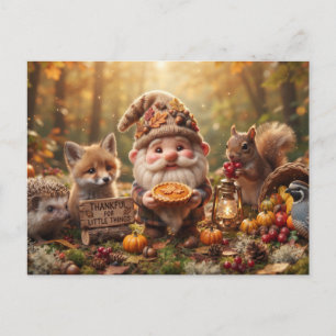 Postal Gnomo de otoño con animales y pastel de Acción de