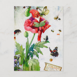 Postal Gnomo en una flor de la amapola