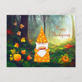 Postal Gnomo lindo, hojas de otoño y calabazas
