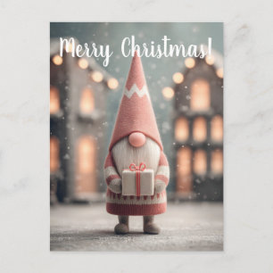 Postal Gnomo Navideño Adorable Sosteniendo una Caja de Re