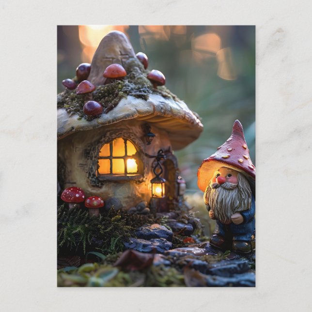 Postal Gnomo y casa de hongo, diseño de fantasía (Anverso)