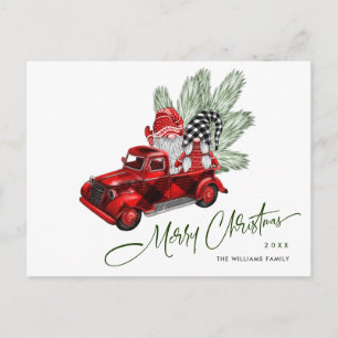 Postal Gnomos Camioneta Roja Retro Feliz Navidad