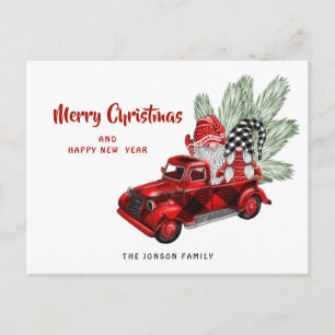 Postal Gnomos Camioneta Roja Retro Saludo Navideño