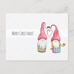 Postal Gnomos de Navidad enamorados acuarela pintado a ma