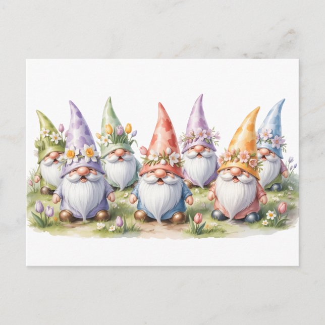 Postal Gnomos de primavera en una pradera (Anverso)