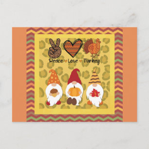 Postal Gnomos lindos de Acción de Gracias Paz Amor Pavo