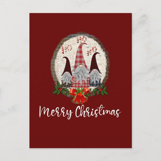 Postal Gnomos Navideños Alegres Rojo, Rústico, Cuadros, M (Anverso)