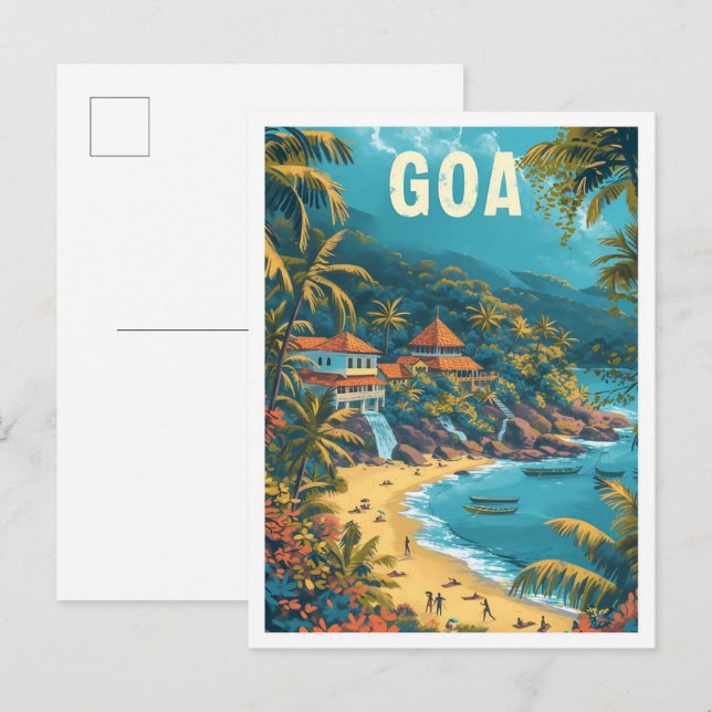 Postal Goa Beach India Vintage Art Travel Ilustracion (Anverso / Reverso)