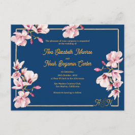 Postal Gold Arch Navy Magnolia Floral Wedding Invitation