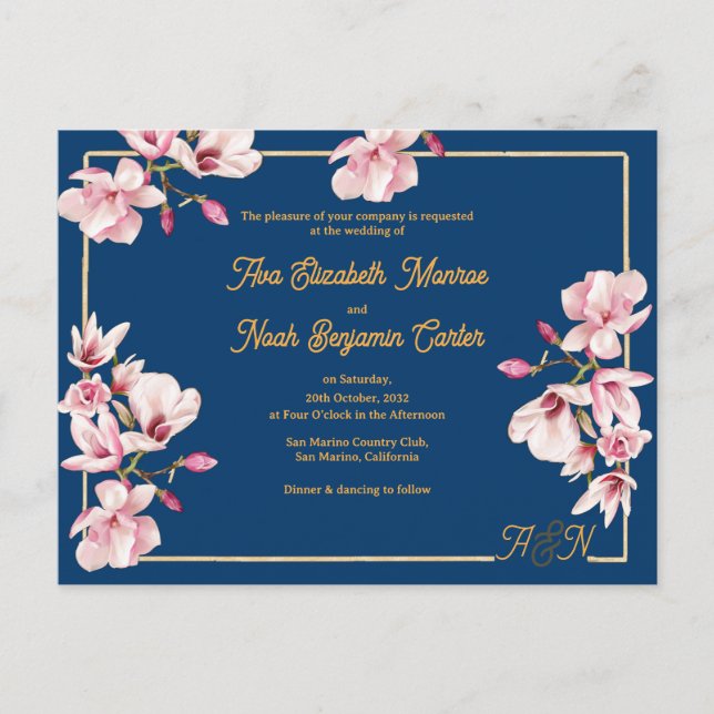 Postal Gold Arch Navy Magnolia Floral Wedding Invitation (Anverso)