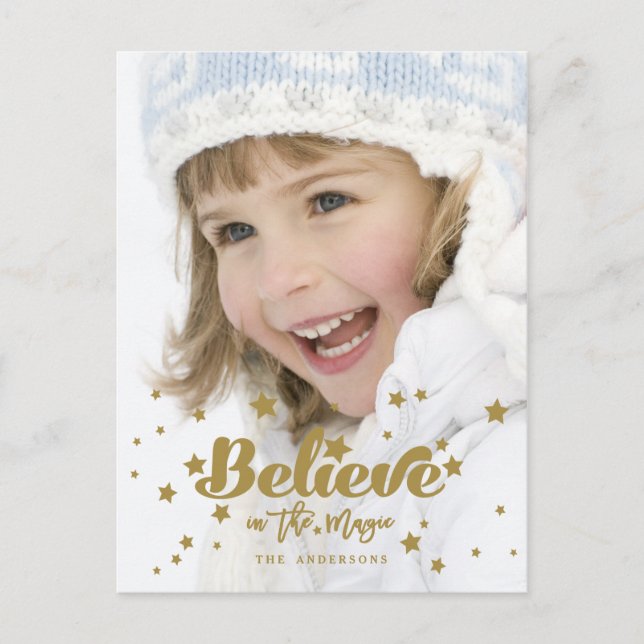 Postal Gold Believe Magic Hand Lettered Holiday Photo (Anverso)