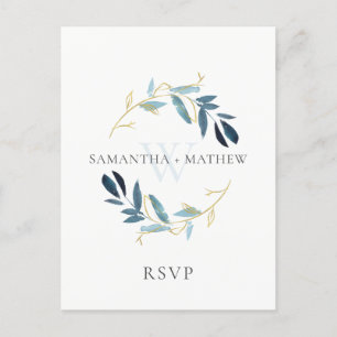 POSTAL GOLD BLUE FOLIAGE WATERCOLOR WREATING WEDDING RSVP