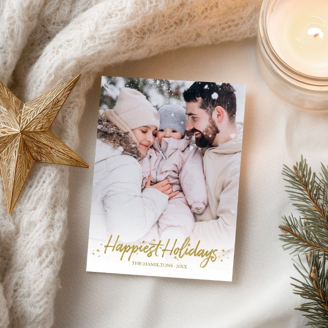 Postal Gold Calligraphy Photo Happiest Holidays Christmas (Subido por el creador)