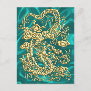 Postal Gold Dragon Turquoise Satin Lush Gold Card