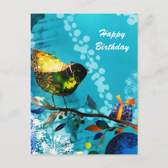 Postal Gold Elegant Happy Songbird Deseos Acuarela (Anverso)