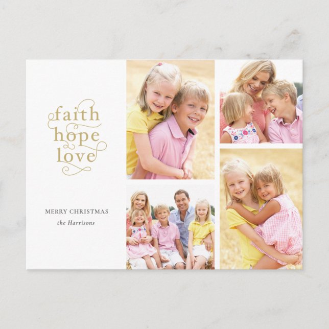 Postal Gold Faith Hope Love 4-Photo Family Navidades (Anverso)