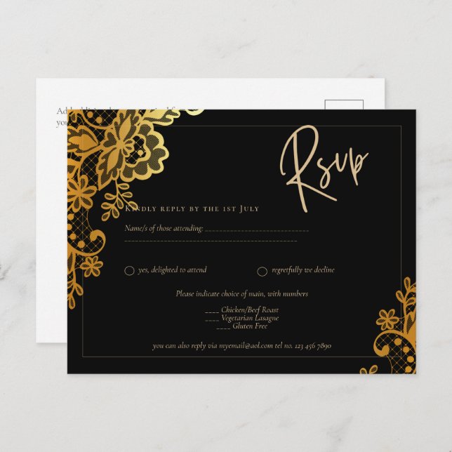Postal GOLD LACE Negro All-in1 Boda INVITAR Código QR (Anverso / Reverso)