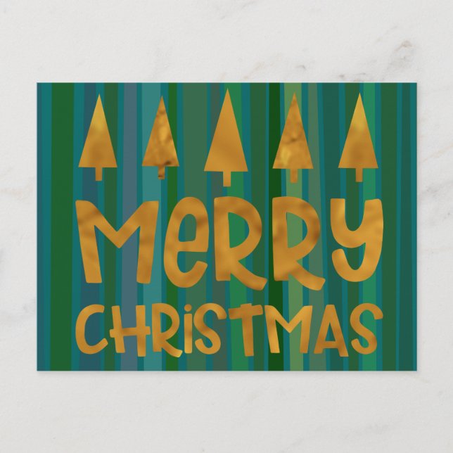 Postal Gold Merry Christmas & Trees con franjas verdes (Anverso)