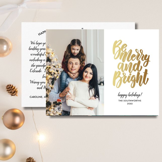 Postal Gold Merry y Bright Happy Holidays Family Photo (Subido por el creador)