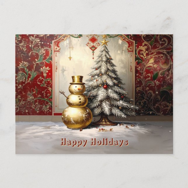 Postal Gold Snowman Christmas Tree Holiday Postcard (Anverso)