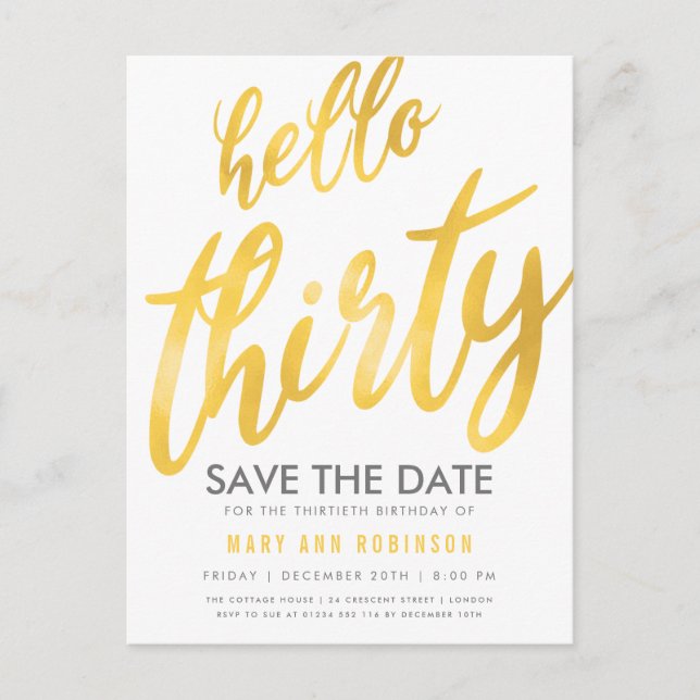 Postal Gold White Save Date Fiesta de Treinta Cumpleaños (Anverso)
