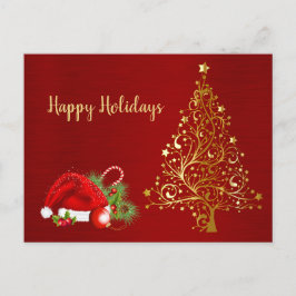 Postal Golden Christmas Tree Red Santa Hat Holidays
