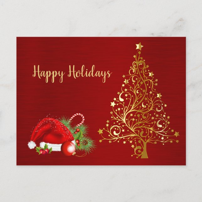 Postal Golden Christmas Tree Red Santa Hat Holidays (Anverso)