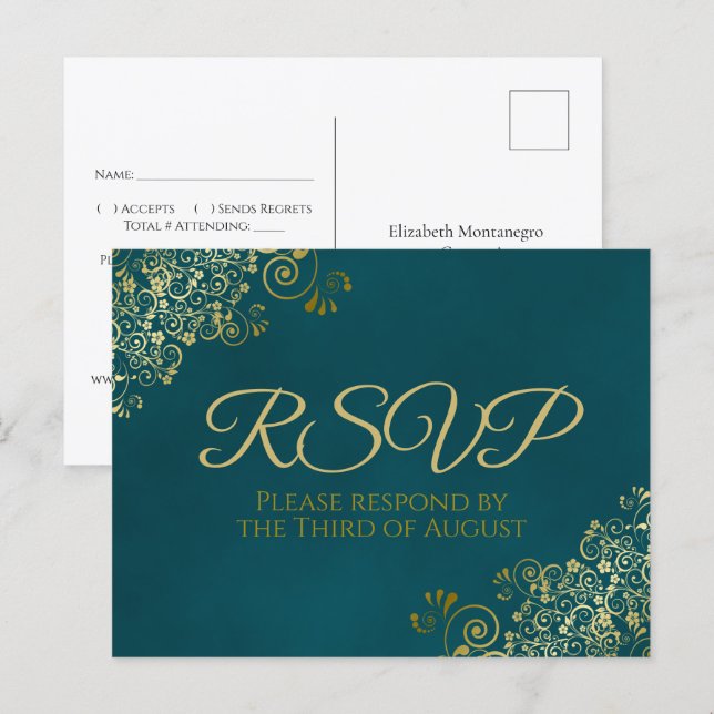 Postal Golden Curls & Swirls on Teal Wedding RSVP (Anverso / Reverso)