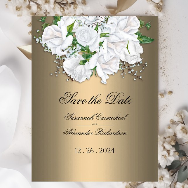 Postal Golden Elegance y White Bridal Bouquet Save Date (Subido por el creador)