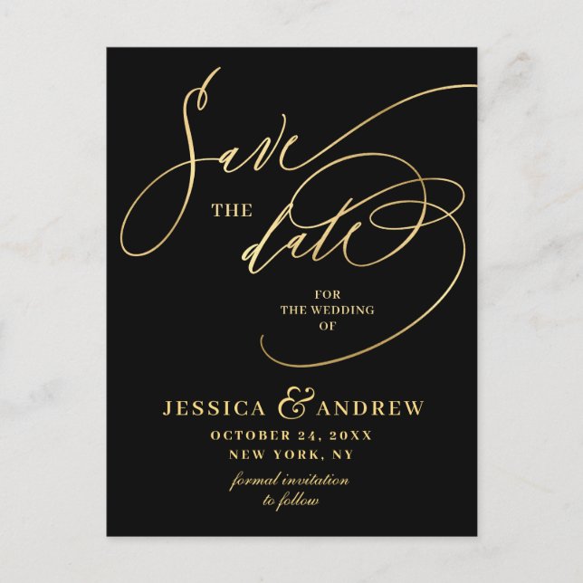 Postal Golden Elegant Calligraphy Wedding Save the Date (Anverso)