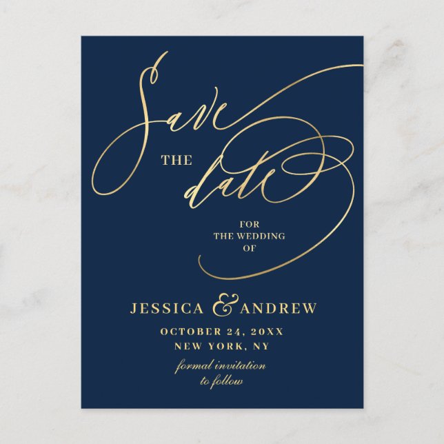 Postal Golden Elegant Calligraphy Wedding Save the Date (Anverso)