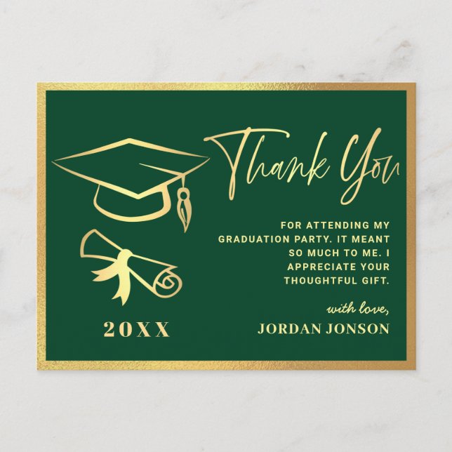 Postal Golden Green Modern Graduation Party Gracias (Anverso)