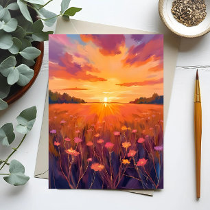 Postal Golden Hour Flower Field Watercolor Sunset