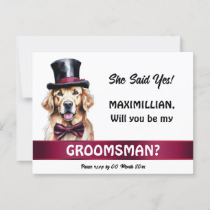 Postal Golden labrador groomsman propuesta burgundy tuxed
