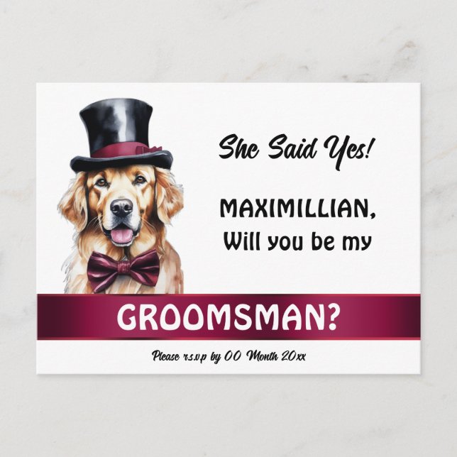 Postal Golden labrador groomsman propuesta burgundy tuxed (Anverso)