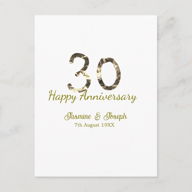 Postal Golden Metallic 30th Happy anniversary add name (Anverso)