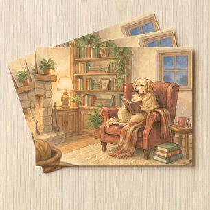 Postal Golden Retriever Acogedor Leyendo junto a la Chime
