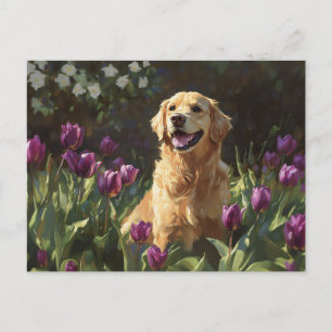 Postal Golden Retriever con Tulipanes Purpura