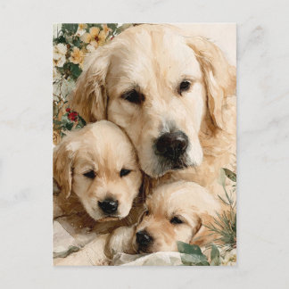 Postal Golden Retriever Family Puppies Vintage Christmas