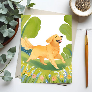 Postal Golden Retriever Feliz   Pintura Ligera de Acuarel