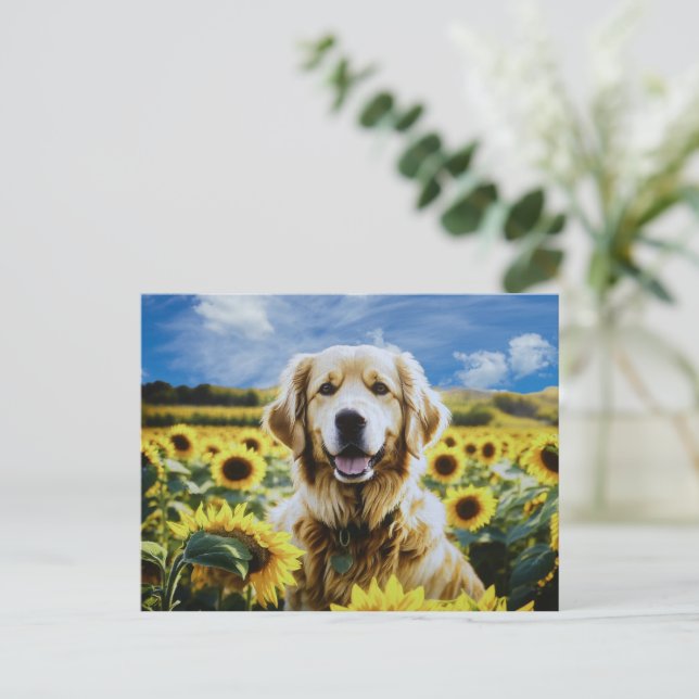 Postal Golden Retriever in a Sunflower Field (Anverso de pie)