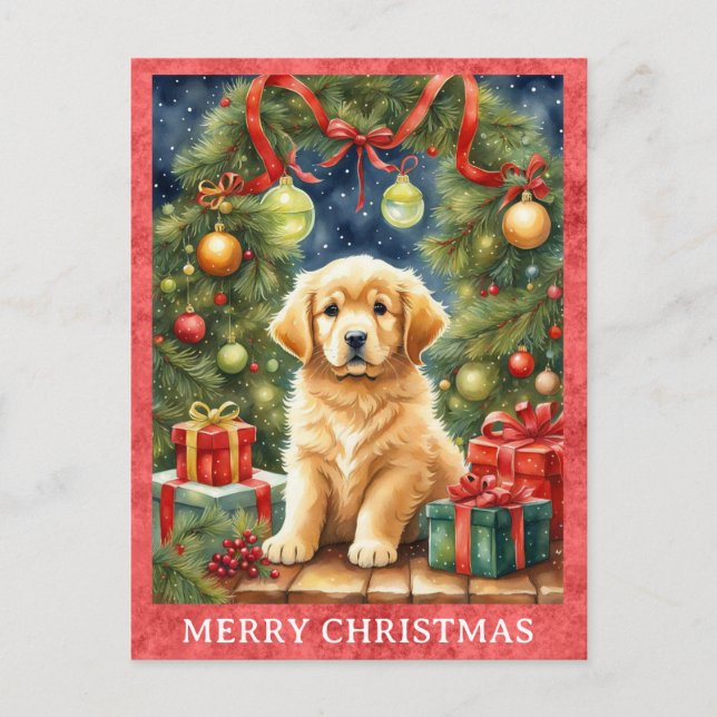 Postal Golden Retriever Merry Christmas Cute Puppy Dog (Anverso)