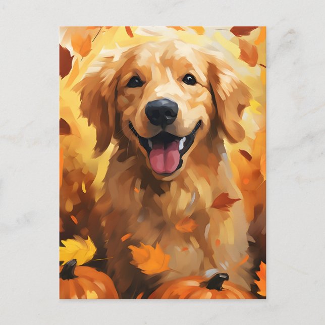 Postal Golden Retriever Otoño Día de Acción de Gracias  (Anverso)