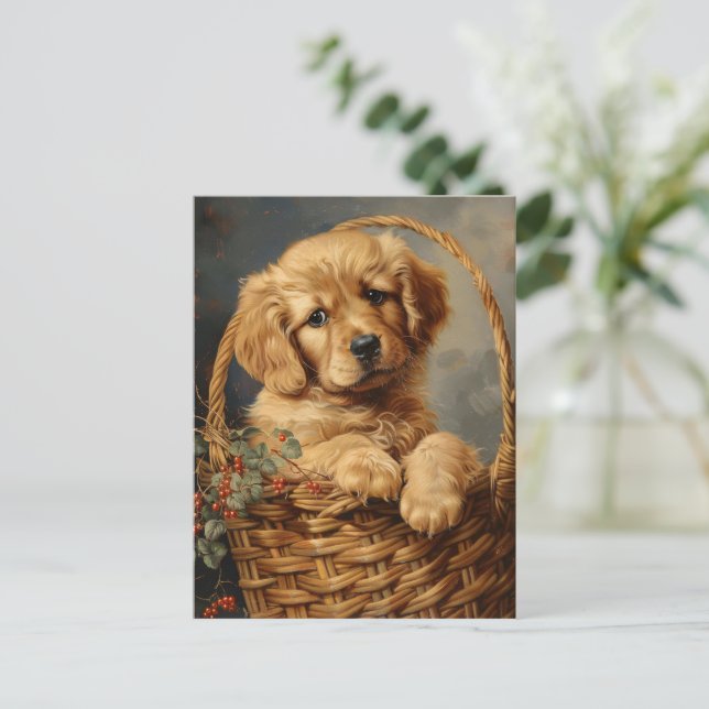 Postal Golden Retriever Puppy en una cesta (Anverso de pie)