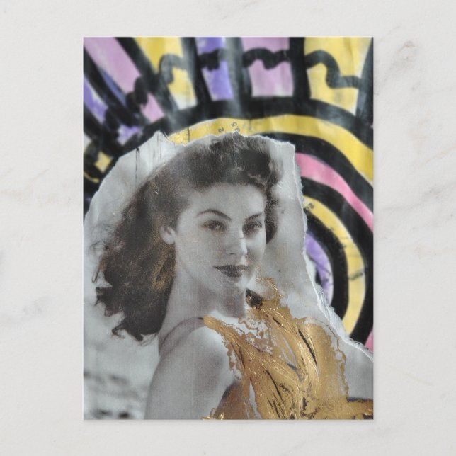 Postal Golden Swimsuit Woman in 1939 beach collage art (Anverso)