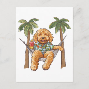 Postal Goldendoodle perro con camisa hawaiana