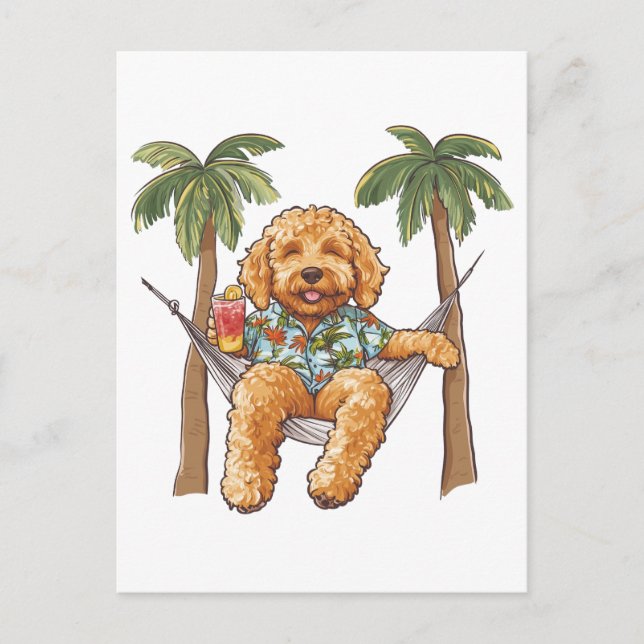 Postal Goldendoodle perro con camisa hawaiana (Anverso)